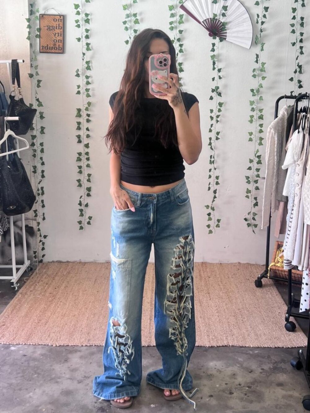 Jaded London Macrame Lace Up Baggy Jeans in Indigo Wash size 26